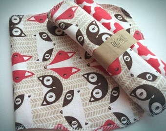 Burp Cloth, double sided flannel burp cloth, baby burp cloth, -(set of 2) raccoon,fox/orange