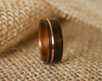 Men's Wooden Wedding Band with 14k Rose Gold Inlay in Macassar Ebony Wood with Koa Wood Lining-Hand Crafted Wooden Ring