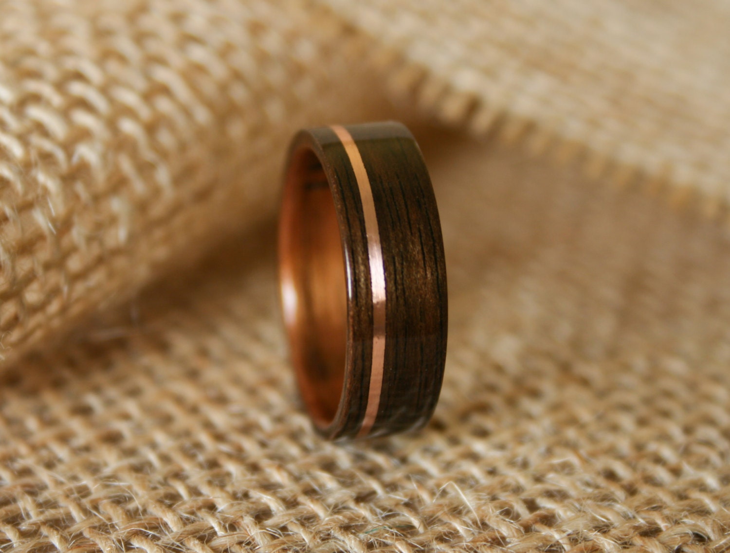 Men's Wooden Wedding Band with 14k Rose Gold Inlay in