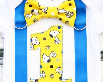 Baby Boy Snoopy Peanut Charlie Brown themed first birthday onesie Boy ONE year cake smash Boy first birthday Boy 1st birthday Charlie Brown