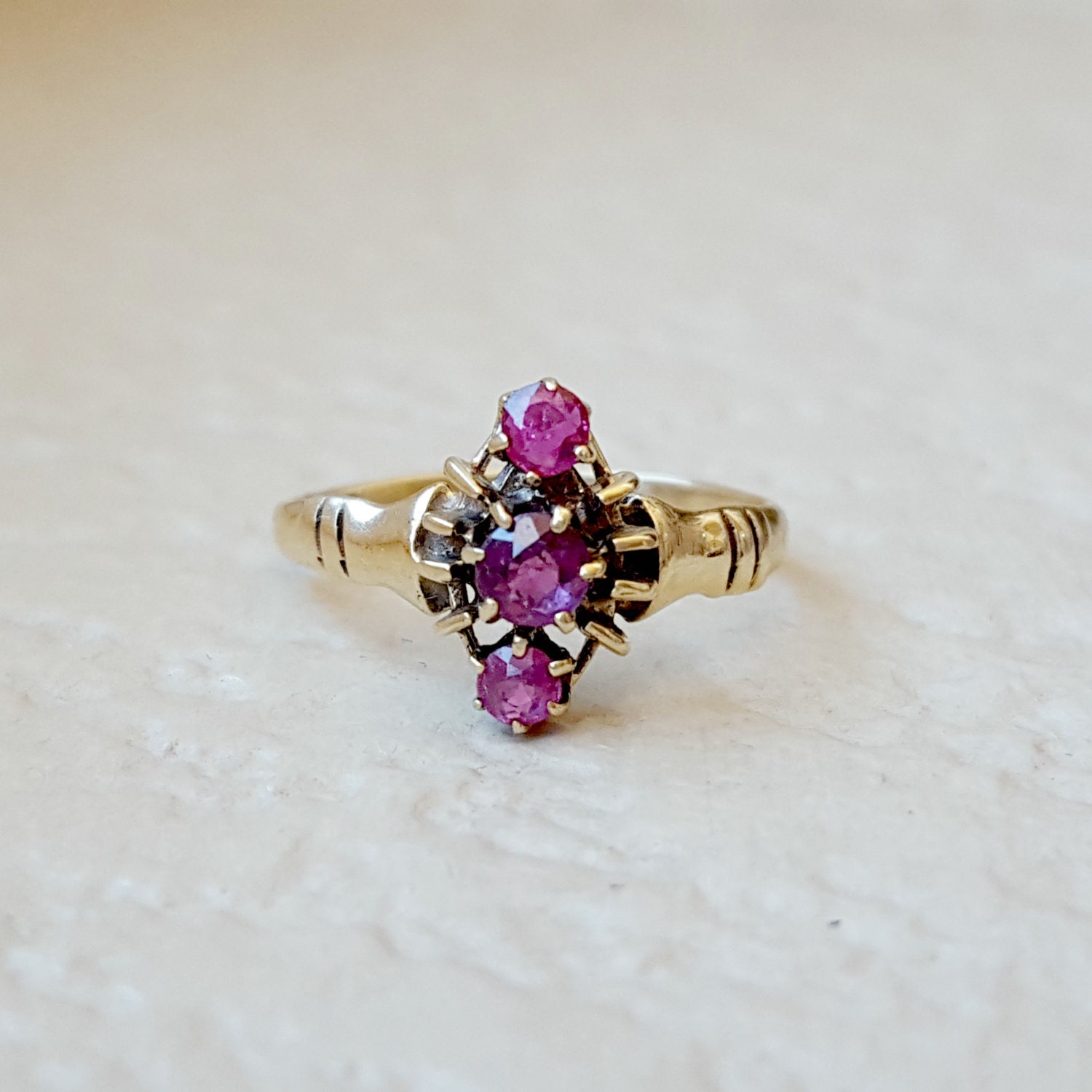 Antique Victorian Genuine Ruby Trilogy Ring 10K Gold