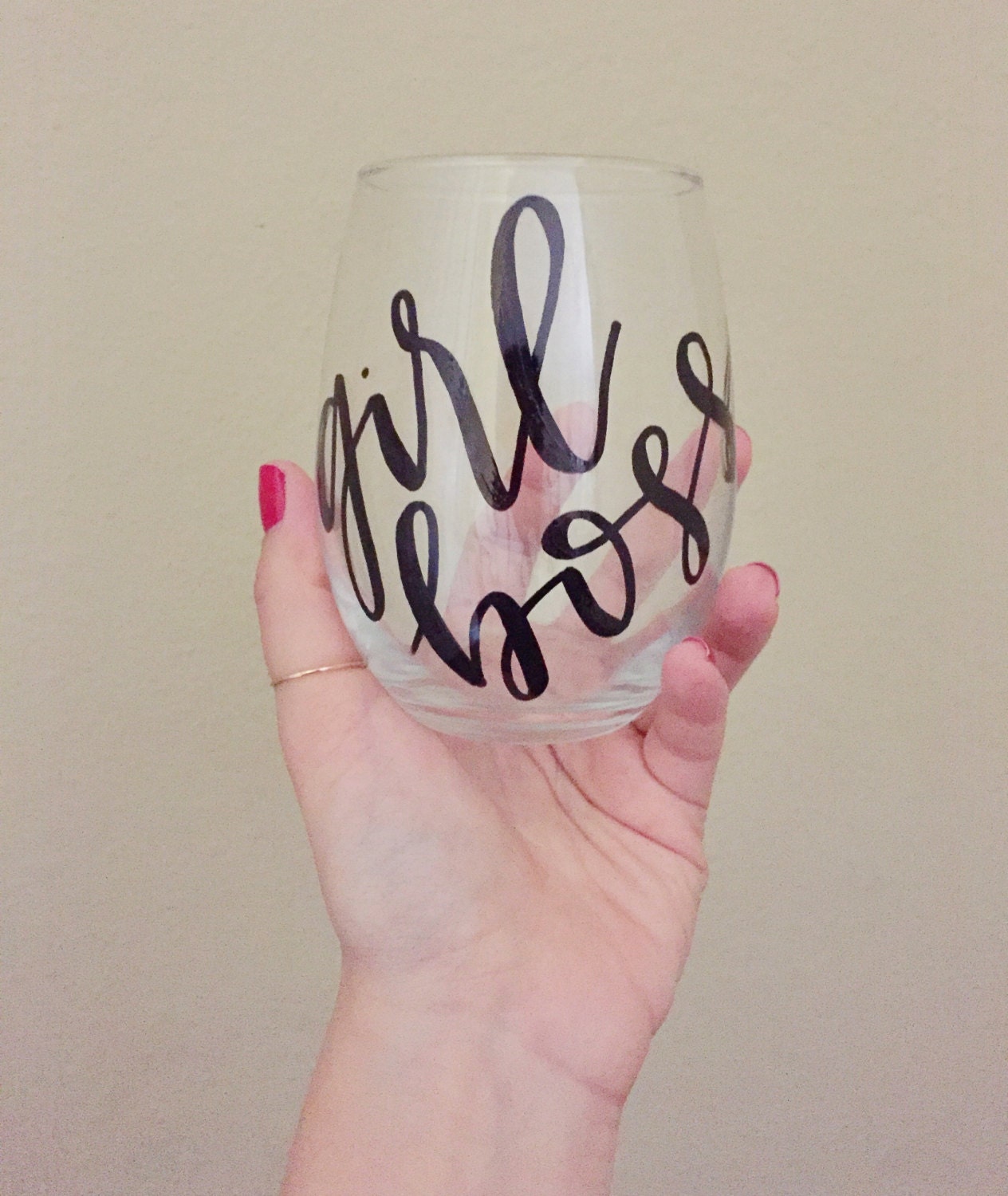 hand lettered calligraphy wine glass // girl boss