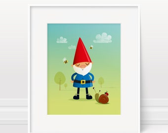 Garden gnome wall art - illustration print 5x7, 8x10 & 11x14