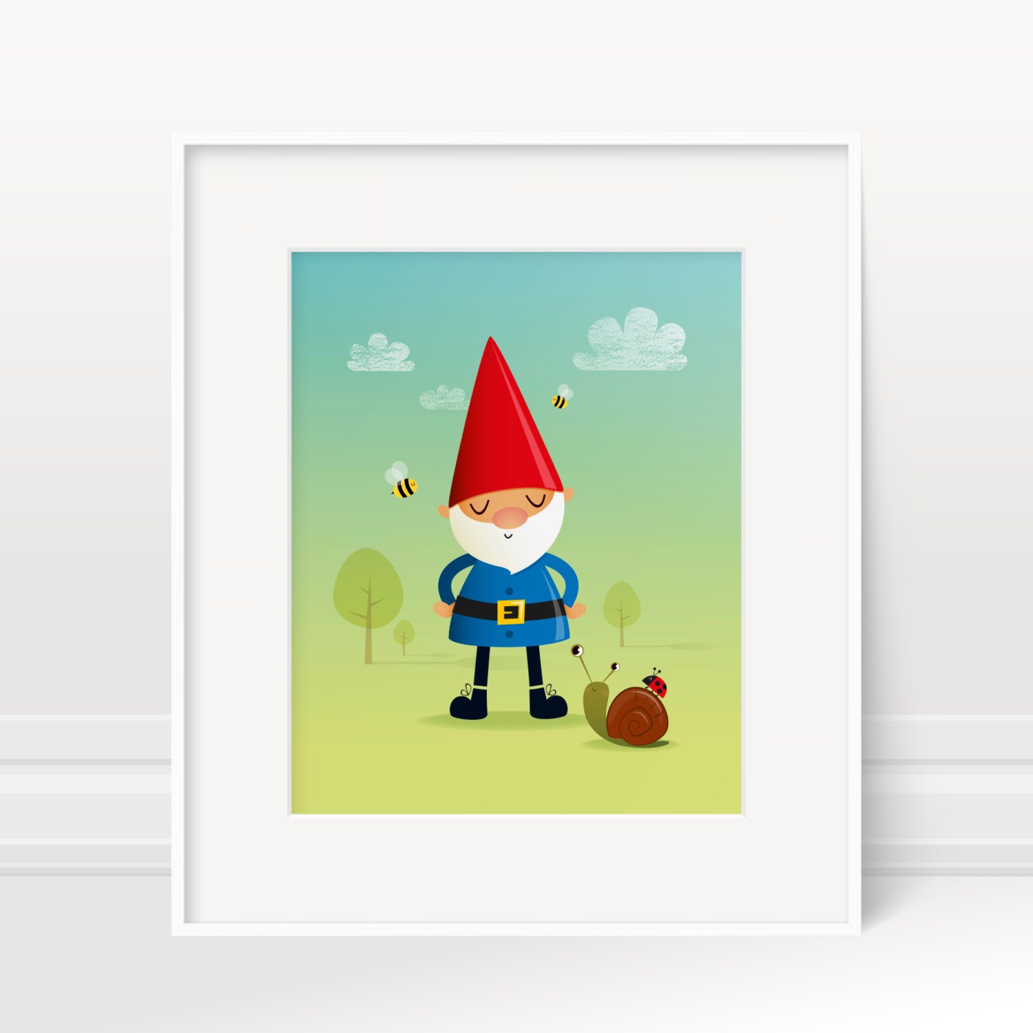 Garden gnome wall art illustration print 5x7 8x10 & 11x14