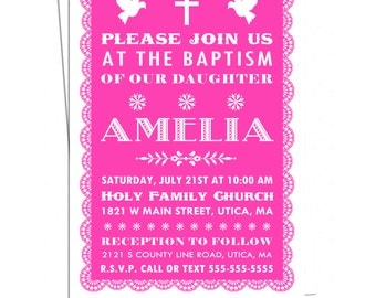 Baptism Fiesta Invitation, Papel Picado First Holy Communion Invitation, You Print, Confirmation Fiesta Invitation