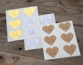 24 Custom Heart Stickers With Initials and Date - Wedding Stickers and Envelope Seals