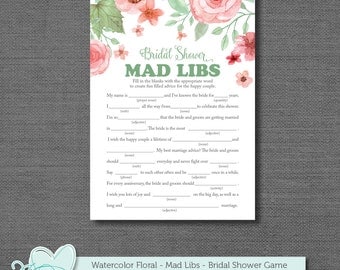 Bridal Shower Mad Libs Game, Mad Libs, Bridal Shower Game, Printable Bridal Shower Game, Instant Download, Watercolor Floral, Flowers, 005A