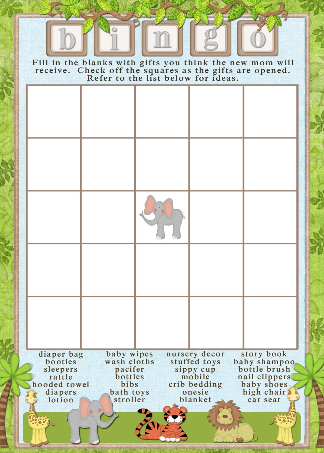 Printable blank bingo card PRINTABLE Safari by SunnysideCottageArt
