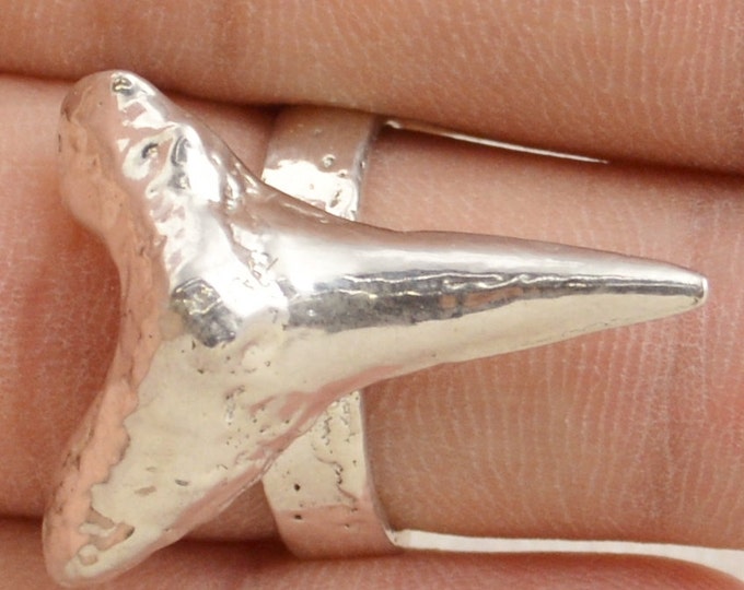 Shark Tooth Ring, Solid Sterling Silver, Statement Ring, Sand Cast Ring, Fossil Tooth Ring, Shark Tooth Jewelry, BOHO Ring, Tooth Ring