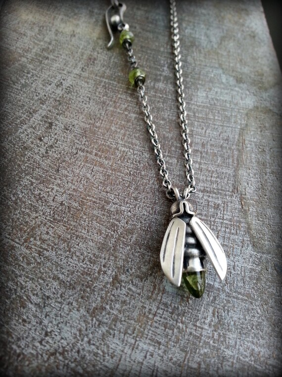 Peridot Firefly Pendant Firefly Necklace Silver by TandBrie