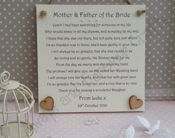 Mother and Father of the Bride gift from Groom, Thank You Plaque from Groom, Gift from Groom to Brides Parents, Personalised Groom Gift