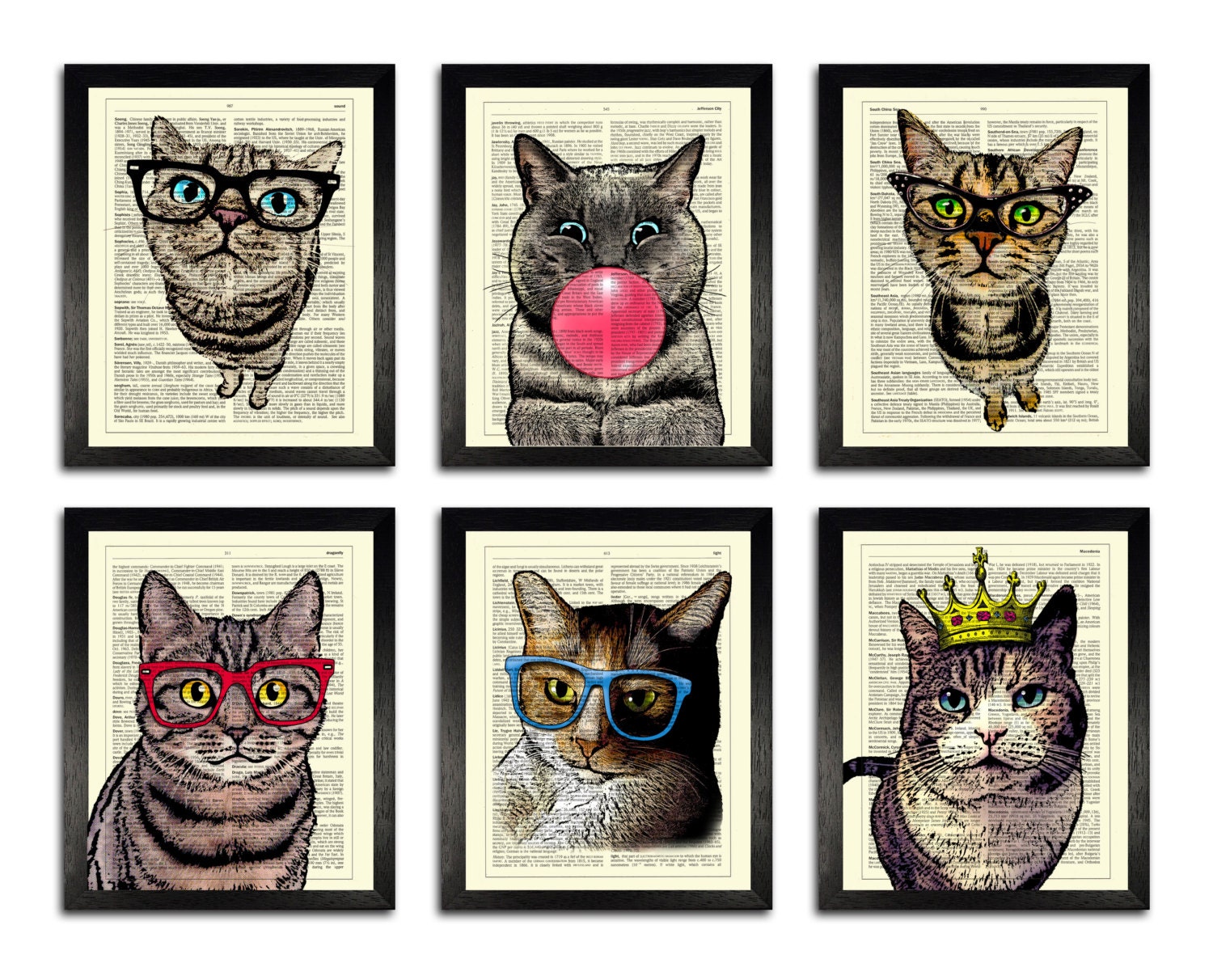  Art  Print Set of 6 Cool Cat  Posters  Cat  Dictionary Prints