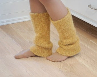 Boiled wool leg warmers Mustard yellow - Chunky knitted felted leg warmers natural wool