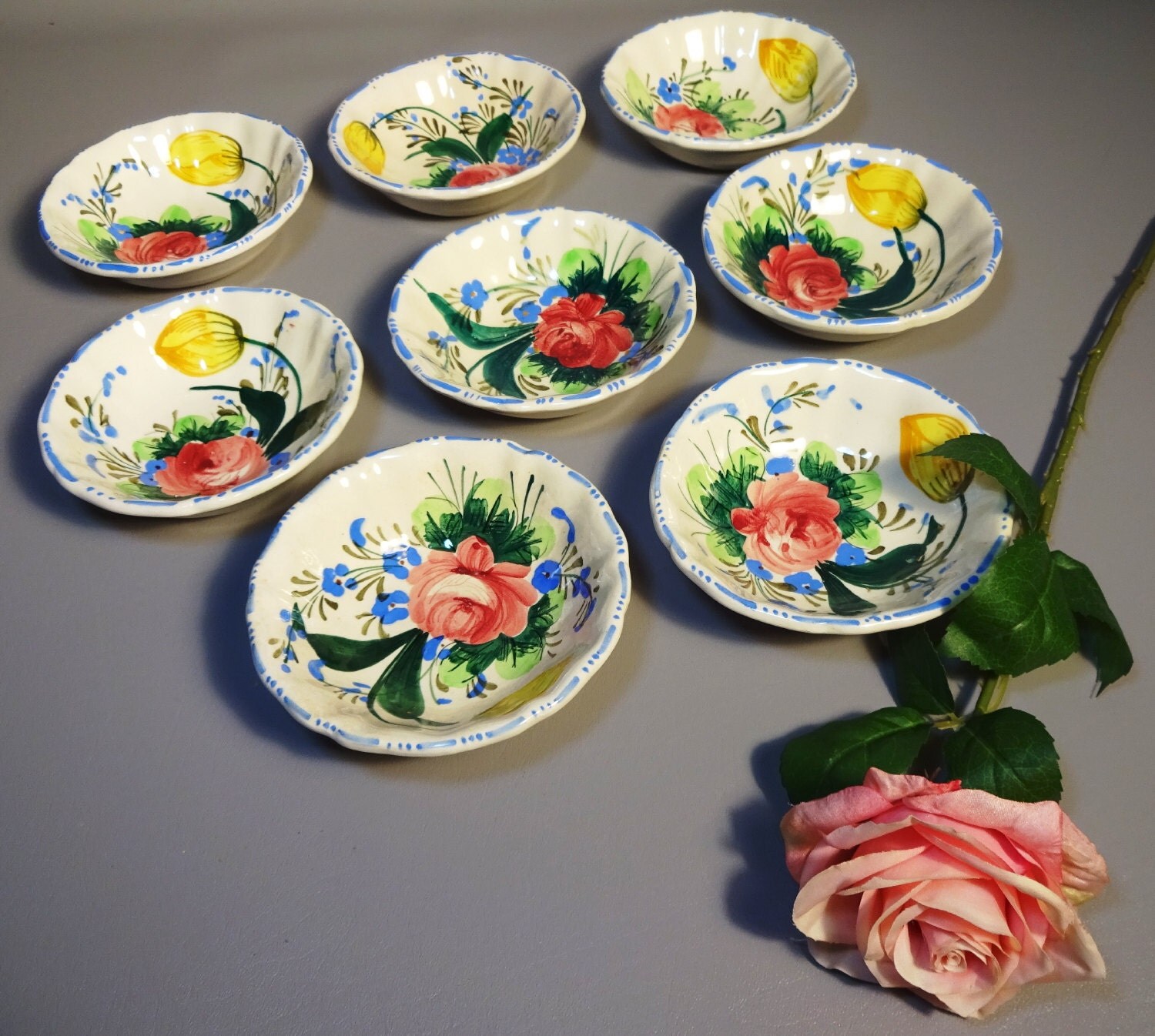 8 Majolica Pottery Nove Rose Italy Dessert Bowls Hand Painted