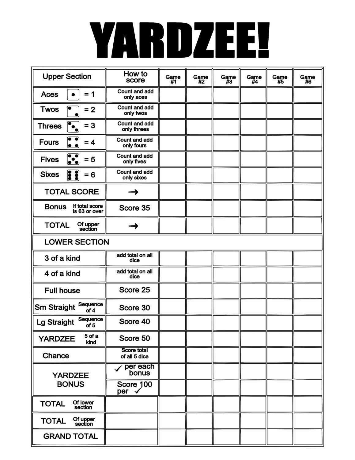 Printable Score Charts for Games