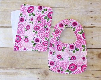Rose Bib & Burp Cloth Set, Rose Nursery, Rose Baby Shower, Pink Rose Baby,Girl Baby Shower Gift, Flower Baby Shower, Flower Nursery, Reduced