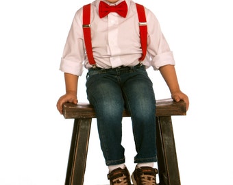 Red Suspenders & Red Bow Tie with Red Pocket Square -- Boy Suspenders and Bow Tie -- Men's Suspenders and Bow Tie