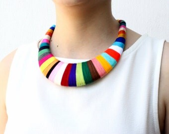 Statement Necklace Bib Colorful Necklace African Wrapped Necklace Tribal Fiber Necklace Gift for Her Textile Multicolor Contemporary Jewelry