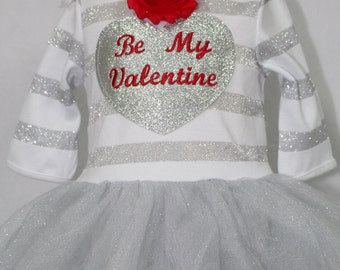 Baby Girl First Valentine outfit, Baby Girl Valentine Dress, Baby Girl Red and Silver Valentine Dress, Valentine Headband, Silver Dress
