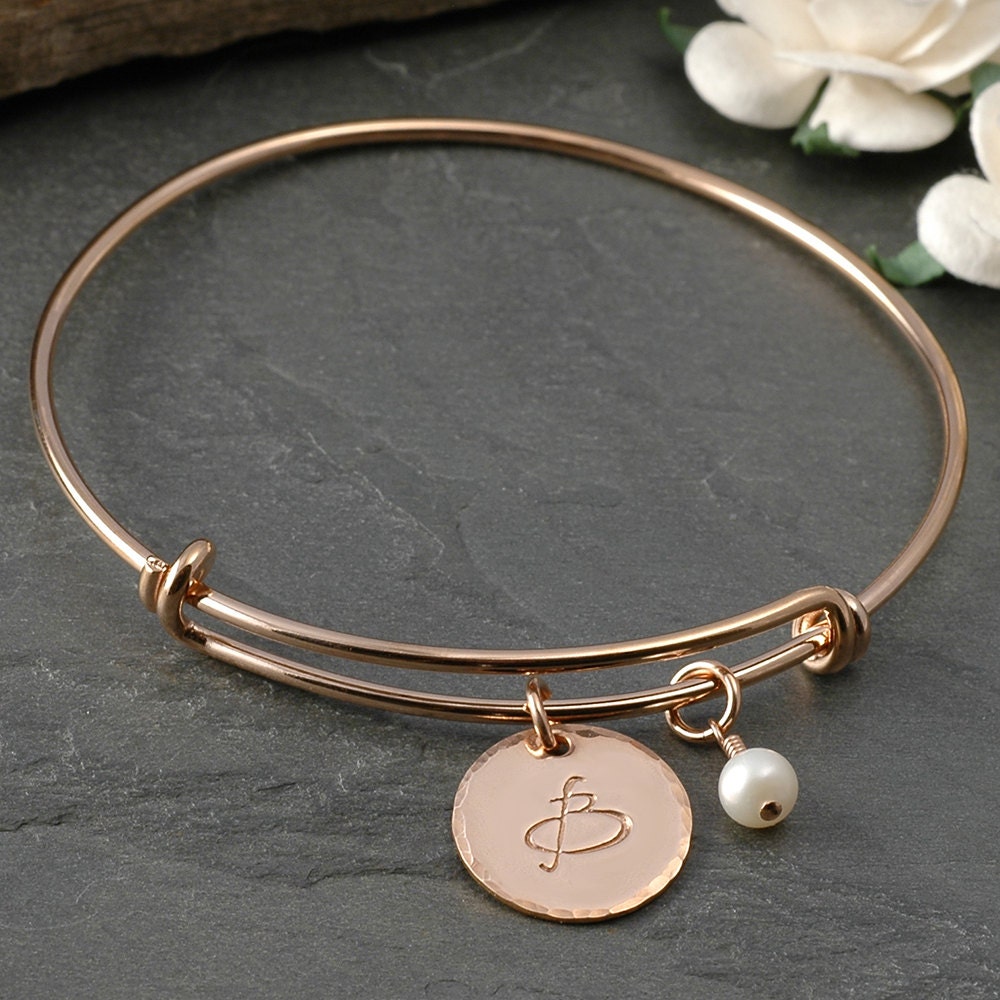 Rose Gold Bangle Bracelet with initial and by AffirmationsJewelry