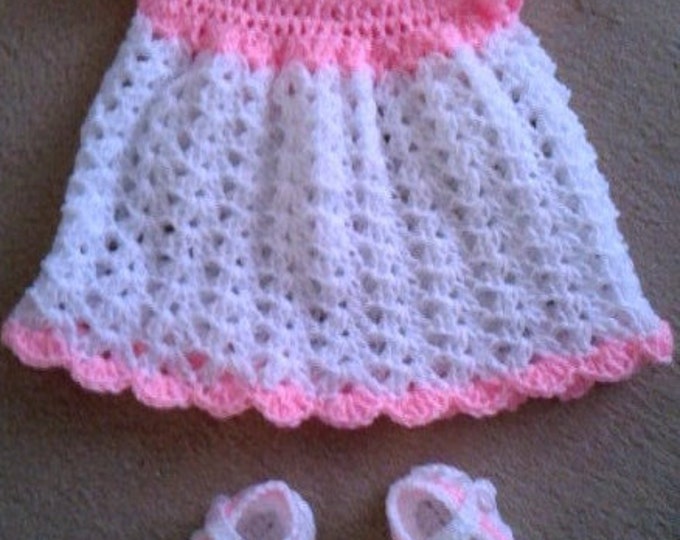 Pink & White Dress with Booties, Baby Dress, Baby Booties, Baby Shoes, Baby Shower Gift, Ready to Ship, White Dress, Crochet, Pink Dress