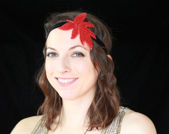SALE! Red Beaded Leaf Headband - Velvet Flapper Headband - Beaded Headband - Valentine's Day/Festival Wear/Girls' Night Out/Mardi Gras