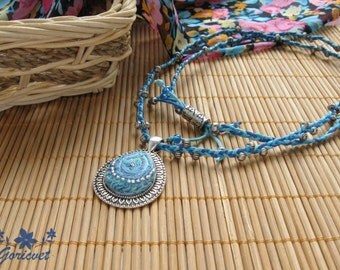 Long necklace aqua blue pendant necklace boho jewelry Cord necklace blue jewelry embroidery jewelry birthday gift for girlfriend sister gift