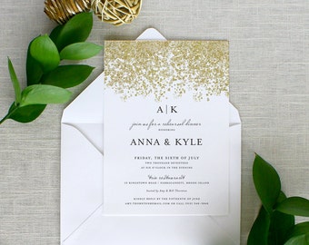 Gold Glitter Invitations, Gold Glitter Rehearsal Dinner Invitations, Black and Gold Rehearsal Dinner Invitations, Printed Invitations