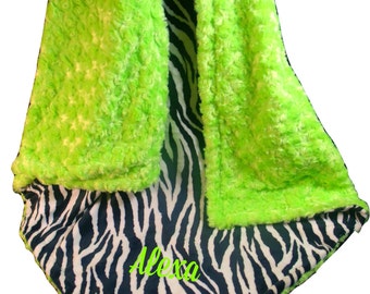 Kiwi Lime Green and Black Zebra Minky Baby Blanket, 3 SizesCan Be Personalized