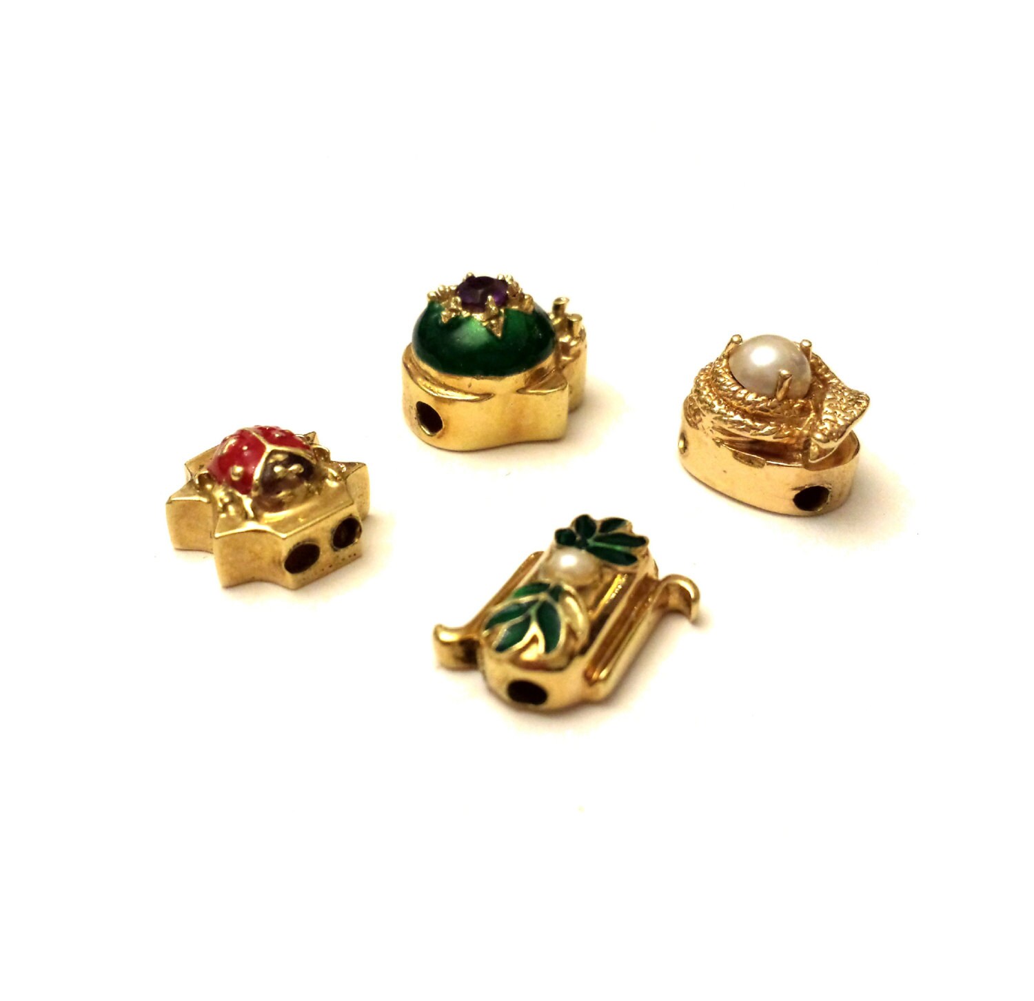 14k Gold Slide Charms Victorian Charms Gold Enamel by Kitschtopia