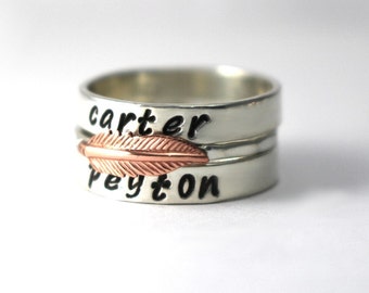 Feather Ring, Mothers Rings, Stack Bands, Custom Name Rings, Personalized Name Ring, Wedding Bands, Copper Feather Ring, Sterling Ring