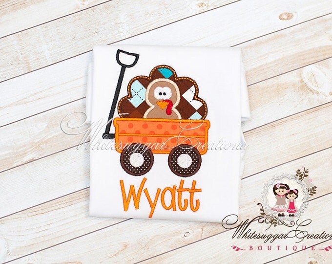 Thanksgiving Turkey in a Wagon Shirt - Boys Embroidered Shirt - Custom Thanksgiving Boy Shirt - Baby Boy Holiday Outfit