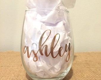 ON SALE Individual - Personalized Stemless Wine Glasses with Names in Gold - Contemporary Script - Bridesmaids Glasses