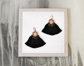 Black Tassel Earrings, Tassel Jewelry, Boho Earrings, Chandelier Earrings, Hippie Earrings, Statement Earrings, Fabric Earrings