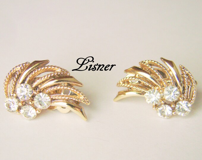 Vintage Lisner Floral Goldtone Rhinestone Clip Earrings / Retro / Designer Signed / Jewelry / Jewellery