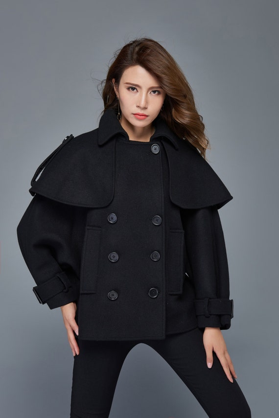 Items similar to Black Cape Jacket - Warm Winter Wool Loose-Fit Double ...