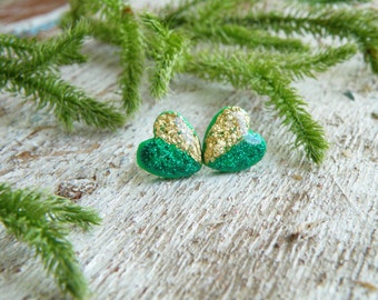 Gold earrings green earrings emerald earrings st patricks day christmas earrings holiday green studs good luck gift irish jewelry leprechaun