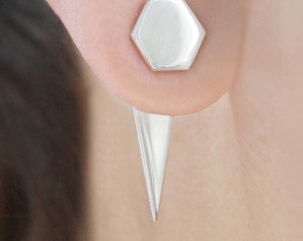Silver Ear Jackets, Geometric Earrings, Double Sided Earrings, Triangle Ear Jacket, Spike Earrings, Hexagon Stud Earrings, Silver Earrings