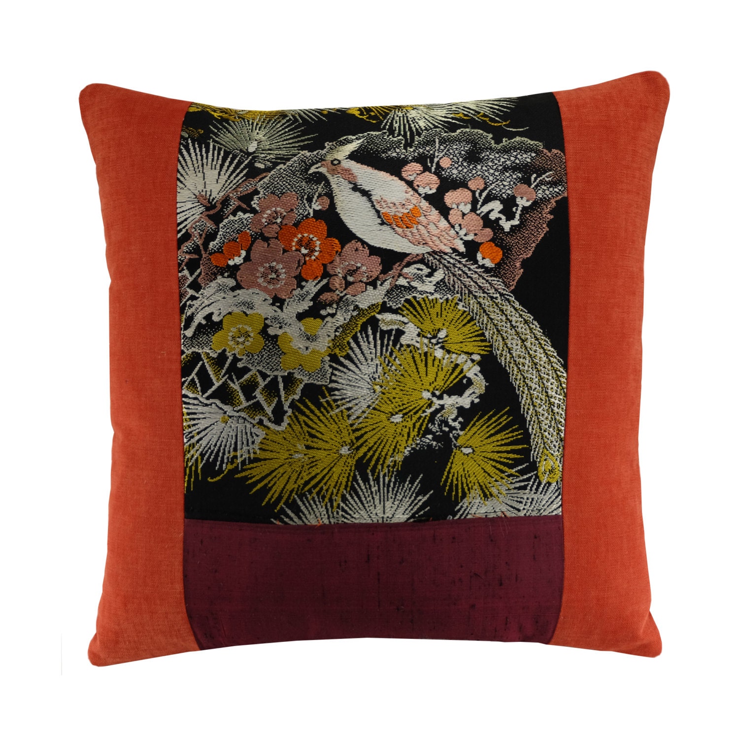 Japanese Bird Pillow Cover Cherry Blossom Pillow Obi Silk