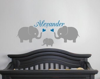 Elephant Wall Decal with Name Vinyl Sticker Nursery Baby Boy Monogram Kids Room Elephant Family Personalized Playroom Cute Animal Art
