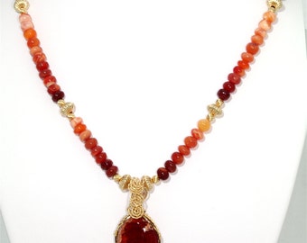 BN056- Mexican Matrix Fire Opal Gold wire sculpted necklace