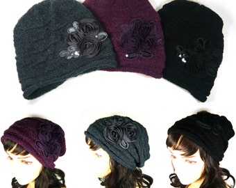 Women Flower Knit Hat Slouch Baggy Beanie Beret Big Large Chiffon Floral Purple Gray Black Color Lady Girl Daily Wear Stylish Fashion Gift