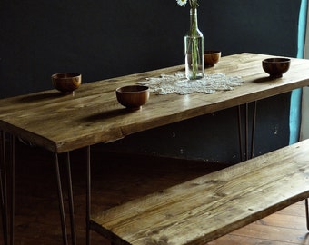 Reclaimed Wood Dining Table & Bench Industrial Rustic Vintage Scaffold Wood Table Scaffold Board Furniture Hairpin legs Bespoke Dining set