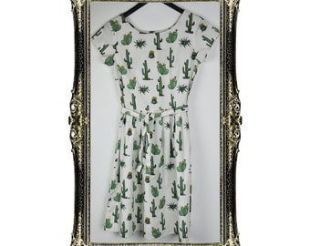 Vintage Inspired Retro Cactus Print Tea Dress