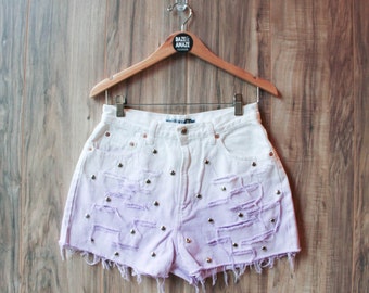 High waist vintage white denim shorts Size 12 | Ripped distressed shorts | Purple ombre studded denim shorts | Festival hipster shorts |
