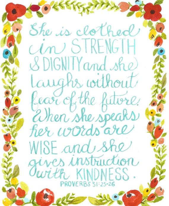 Items similar to Proverbs 31 Floral Calligraphy and Watercolor Print on ...