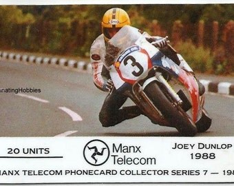 Vintage PHONECARD-Joey DUNLOP- Moto Race Rider in 1988 -winner 13 victories,6 straight wins Formula 1-1989 Mint Collector MANX Telecom n 7