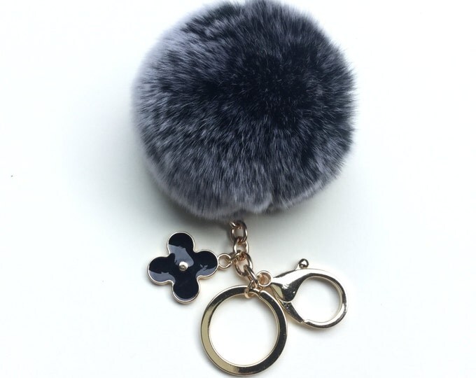 Instagram/Blogger Recommended Black Frost fur pom pom keychain bag charm flower clover keyring