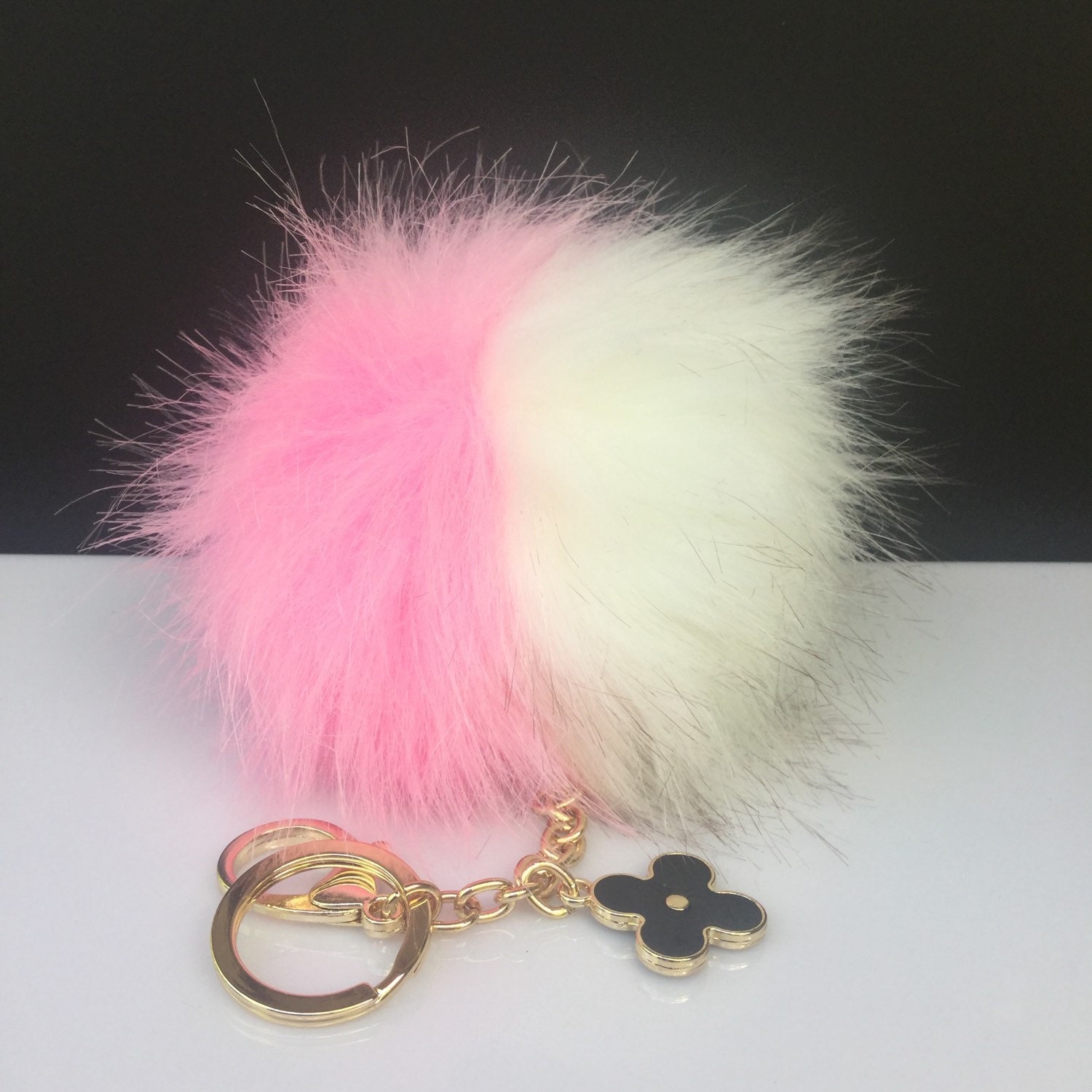 NEW! Faux Duo Pink/White Fox Fur Pom Pom bag Keyring keychain pom pom ...