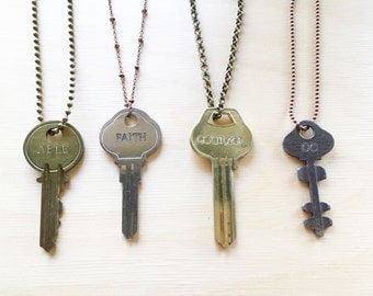 Key Necklace, Hand stamped Key, Repurposed Key, Engraved Key, Hand Stamped Key Necklace, Personalized key jewelry, Custom Hand Stamped